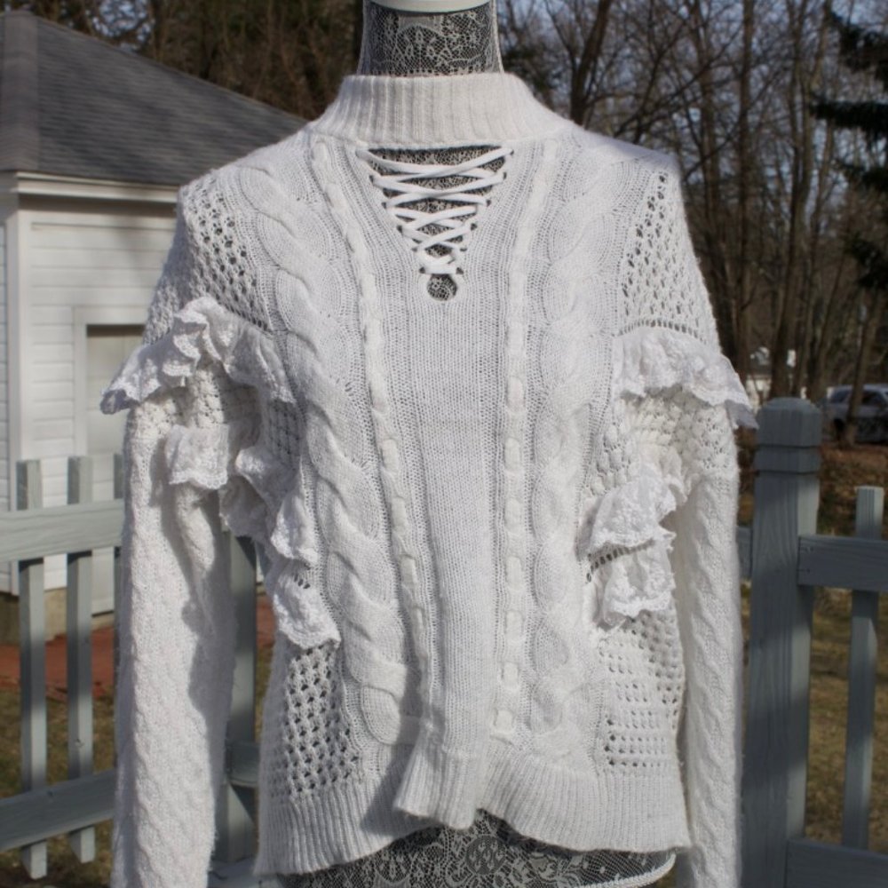 Ronny Kobo White Knit and Lace Sweater